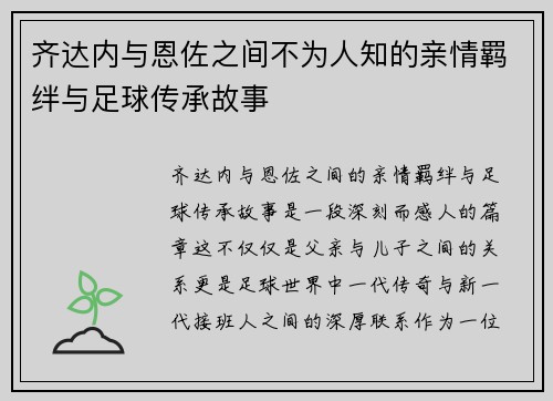 齐达内与恩佐之间不为人知的亲情羁绊与足球传承故事